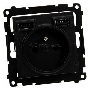 Gniazdo pojedyncze z bolcem uziemiającym i zintegrowaną ładowarką 2xUSB Typ-A+C 10W 2.1A 5V Czarny Mat Simon 55 - Widok z przodu