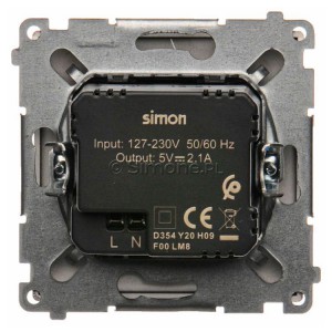 Ładowarka 2x USB Typ A 10W 2.1A 5V Inox Met. Simon Basic - Widok z tyłu)