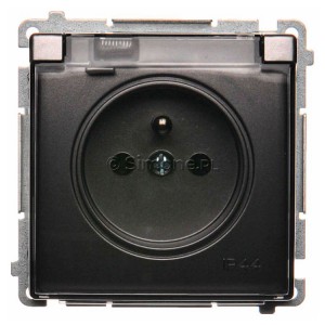 BMGZ1B.01/21A Gniazdo pojedyncze hermetyczne z bolcem uziemiającym do wersji IP44 z klapką transparentną Inox Met. Simon Basic - Widok z przodu