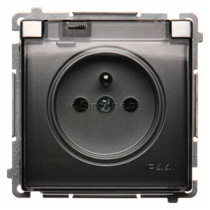 BMGZ1B.01/43A Gniazdo pojedyncze hermetyczne z bolcem uziemiającym do wersji IP44 z klapką transparentną Srebrny Mat. Simon Basic - Widok z przodu