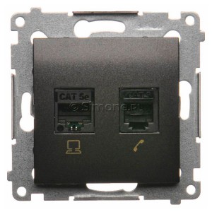 D5T.01/48 Gniazdo komputerowe RJ45 kategoria kat. 5e + gniazdo telefoniczne RJ12 Antracyt Simon 54 - Widok z przodu