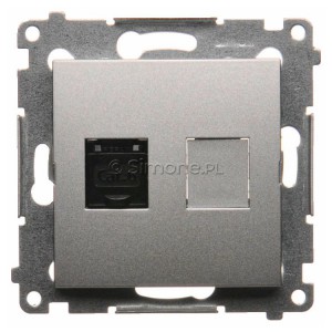 D61.01/43 Gniazdo komputerowe pojedyncze RJ45 kat. 6 z przesłoną przeciwkurzową Srebrny Mat Simon 54 - Widok z przodu