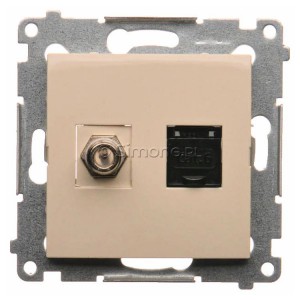 DASFRJ45.01/41 Gniazdo antenowe SAT pojedyncze + Gniazdo komputerowe kat.6 Kremowy Simon 54 - Widok z przodu