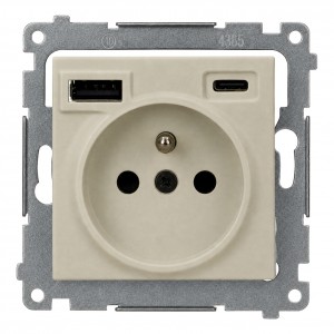 DGZ1ZUSB2CA.01/42 Gniazdo pojedyncze z bolcem uziemiającym i zintegrowaną ładowarką 2xUSB Typ A+C 10W 2.1A 5V Kaszmirowy Simon 54 - Widok z przodu