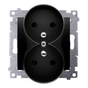 Gniazdo podwójne z bolcem uziemiającym i przesłoną torów prądowych Czarny Mat Simon 54 - Widok z przodu