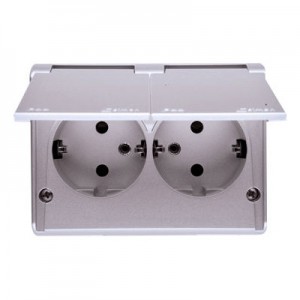 EGSZ2NZB/43 Gniazdo podwójne Schuko z przesłoną torów prądowych i klapką w kolorze wyrobu Srebrny Mat Simon 54 - Widok z przodu