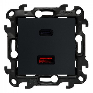 NEC2CAQ.01/38 Ładowarka 2xUSB C+A 30W 5-9-12-15-20V Quick Charge Grafitowy Mat Simon 24 - Widok z przodu