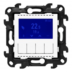 NETD1A.01/11 Regulator temperatury z programatorem tygodniowym, wyświetlaczem LCD oraz czujnikiem wewnętrznym Biały Simon 24 - Widok z przodu