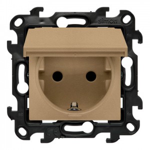 NGSZ1BCUZ.01E/34 Gniazdo hermetyczne z bolcem uziemiającym typu Schuko, przesłonami torów prądowych i klapką w kolorze wyrobu Szampański Mat Simon 24 - Widok z przodu