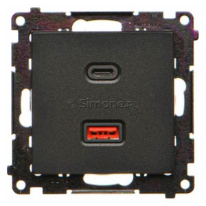 TEC2CAQ.01/149 Ładowarka 2xUSB C+A 30W 5-9-12-15-20V Quick Charge Czarny Mat Simon 55 - Widok z przodu