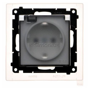 TGSZ1BCZ.01/111A Gniazdo hermetyczne Schuko z przesłoną torów prądowych, uszczelką ramki i klapką transparentną 16A, szybkozłącza Biały Mat Simon 55 - Widok z przodu