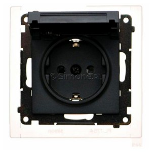 TGSZ1BCZ.01/149 Gniazdo hermetyczne Schuko z przesłoną torów prądowych, uszczelką ramki i klapką w kolorze wyrobu 16A, szybkozłącza Czarny Mat Simon 55 - Widok z przodu