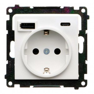TGSZ1ZUSB2CA.01/111 Gniazdo pojedyncze typu Schuko z zintegrowaną ładowarką 2xUSB Typ C+A 2.1A 5V Biały Mat Simon 55 - Widok z przodu