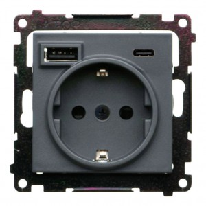 TGSZ1ZUSB2CA.01/116 Gniazdo pojedyncze typu Schuko z zintegrowaną ładowarką 2xUSB Typ C+A 2.1A 5V Grafitowy Mat Simon 55 - Widok z przodu