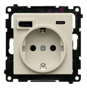 TGSZ1ZUSB2CA.01/142 Gniazdo pojedyncze typu Schuko z zintegrowaną ładowarką 2xUSB Typ C+A 2.1A 5V Kaszmirowy Simon 55 - Widok z przodu
