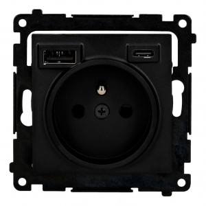 TGZ1ZUSB2CA.01/149 Gniazdo pojedyncze z bolcem uziemiającym i zintegrowaną ładowarką 2xUSB Typ C+A 10W 2.1A 5V Czarny Mat Simon 55 - Widok z przodu